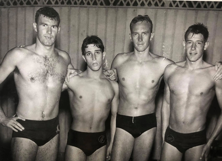 Tvl Medley Relay team SA Champs 1958. Denis Ford free Meyer Feldberg fly Eric le Roux back Peter Rocchi breast