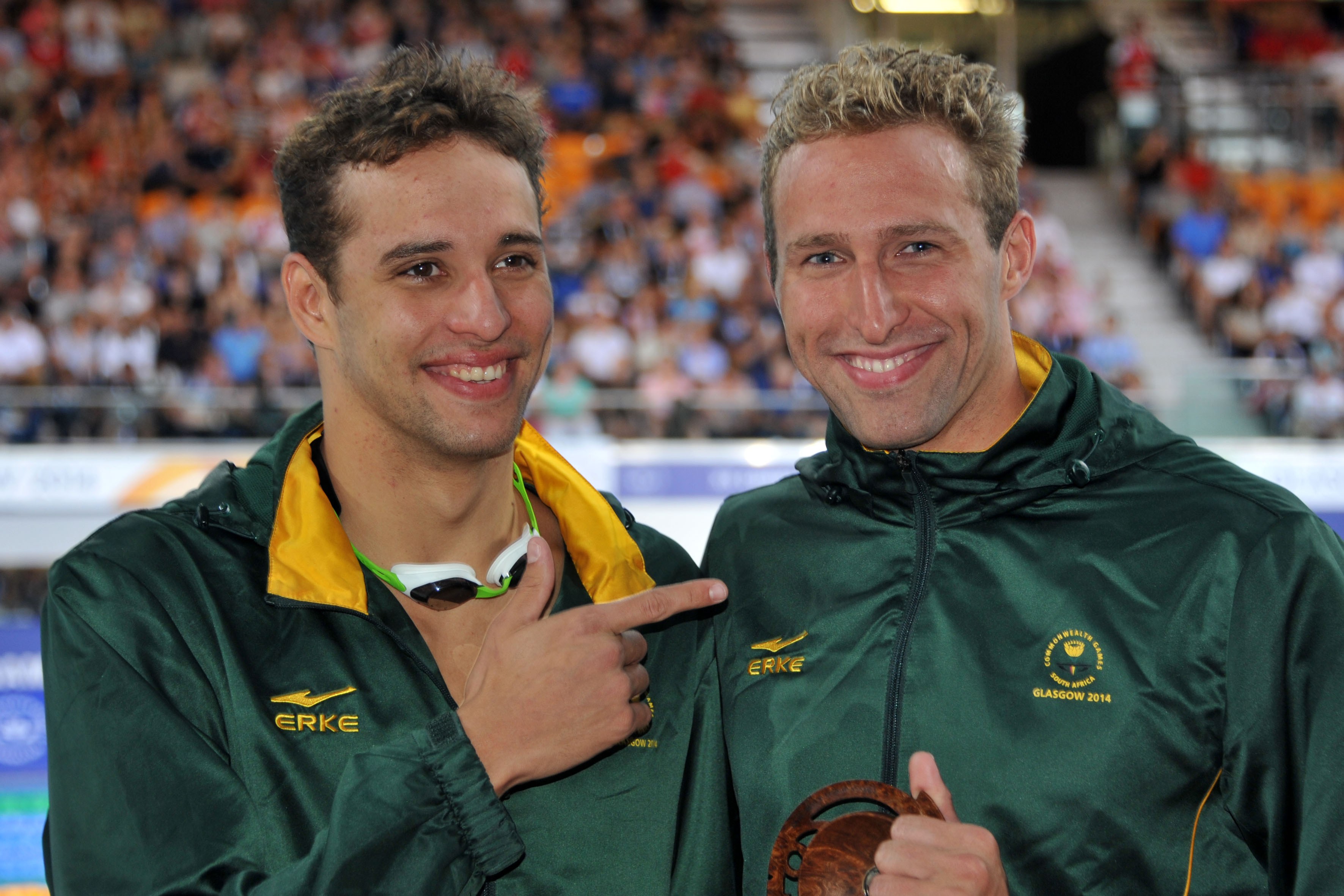 GLASGOW, SCOTLAND. 26 July 2014.  Commonwealth Games, swimming Day Three. Chad le Clos, gold medal and Sebastion Rousseau, bronze medal in the 100m fly.Copyright picture by WESSEL OOSTHUIZEN / SASPA