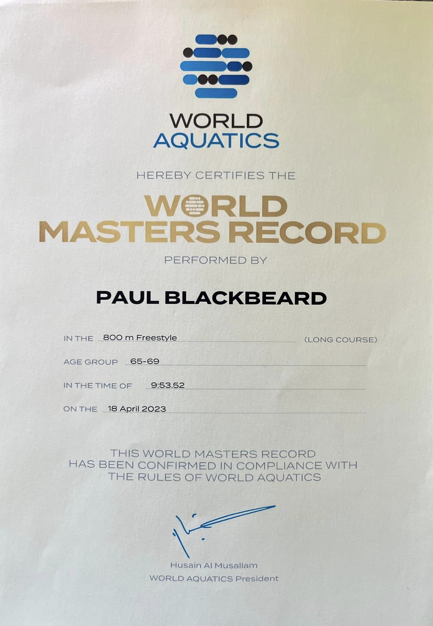 WRR REcvord certificate