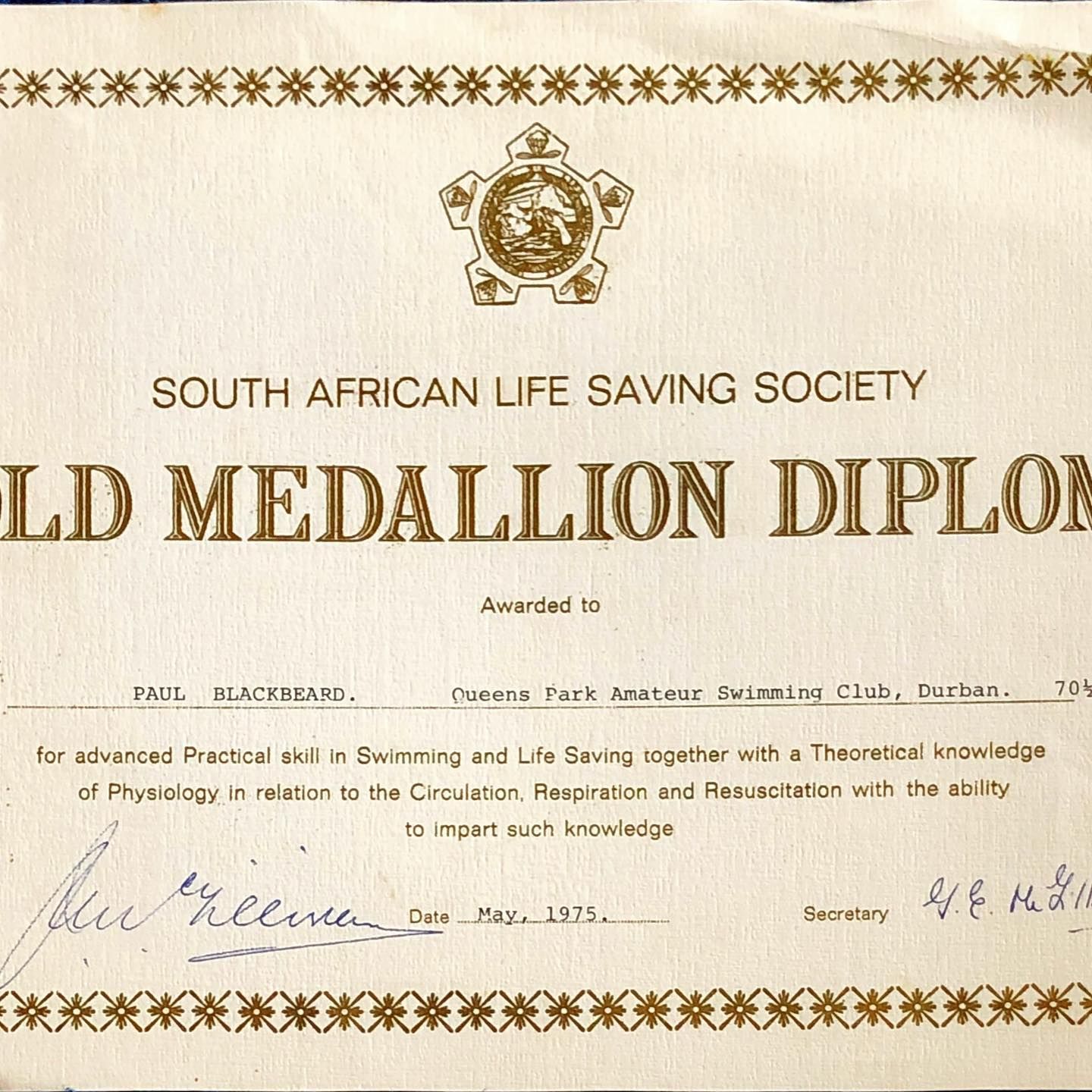 South African Lifesaving Society Gold Certificate