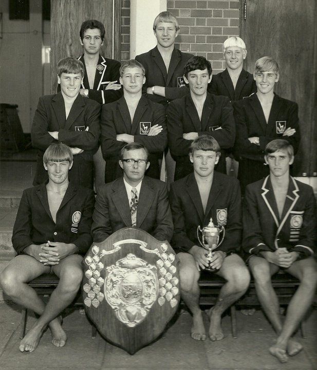 1974 Mount Pleasant High School 1st Team Water Polo winners of the Bruce Kennedy Memorial Trophy and Crusader Shield in 1973 and 1974