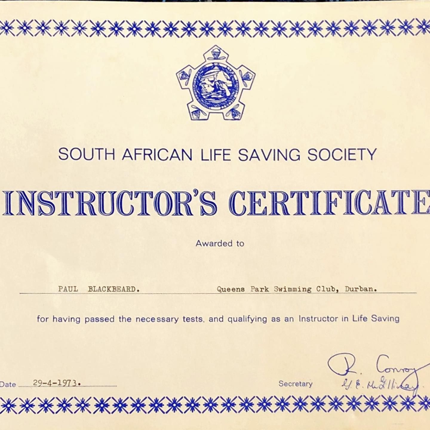 South African Lifesaving Society Instructor Certificate